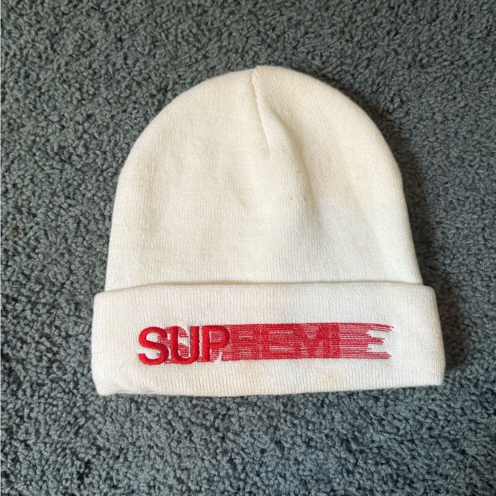 Supreme White Beanie with Red Embroidered Logo